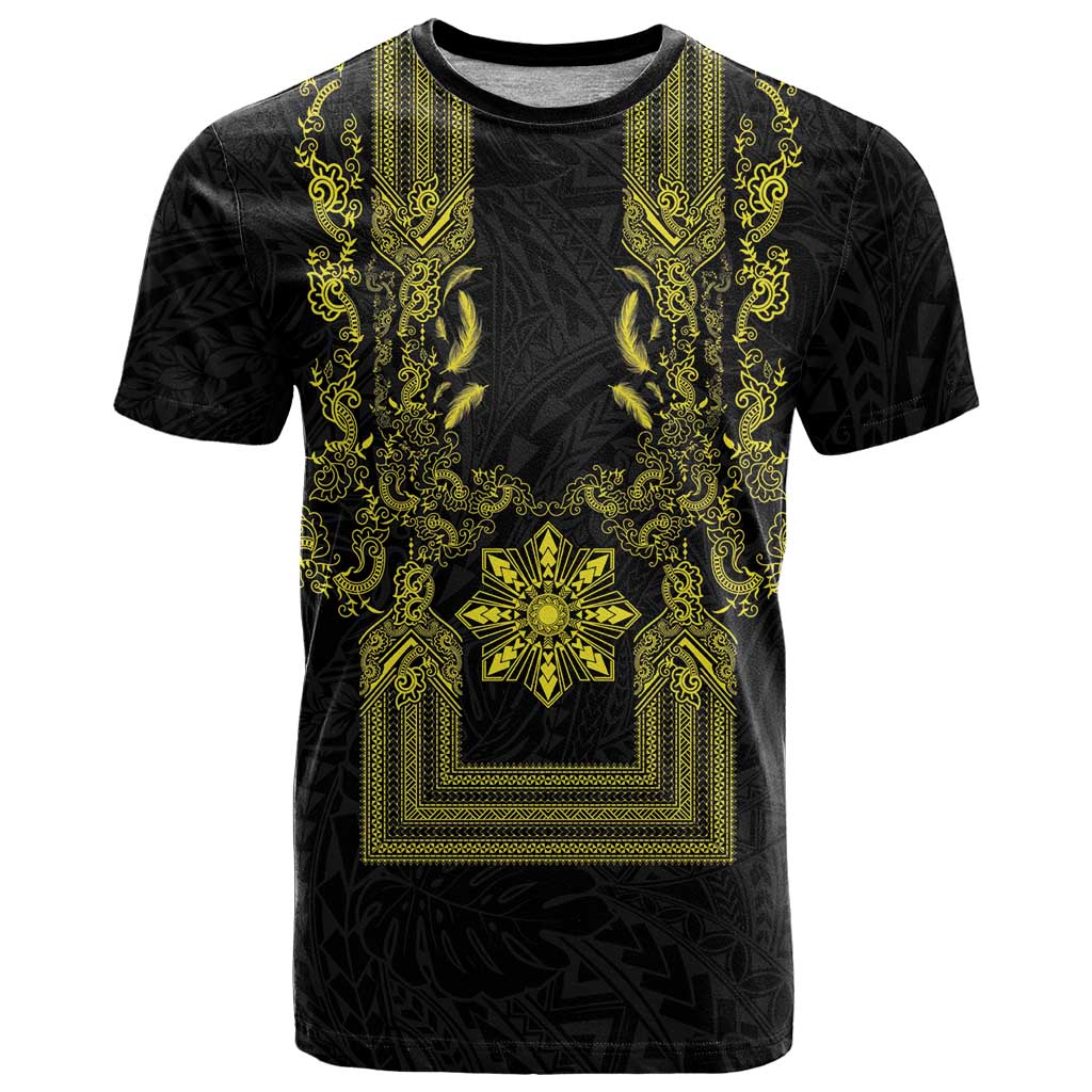 Philippines Barong Style T Shirt with Polynesian Art and Leaf Motif Black-Gold Color LT03 Black - Polynesian Pride