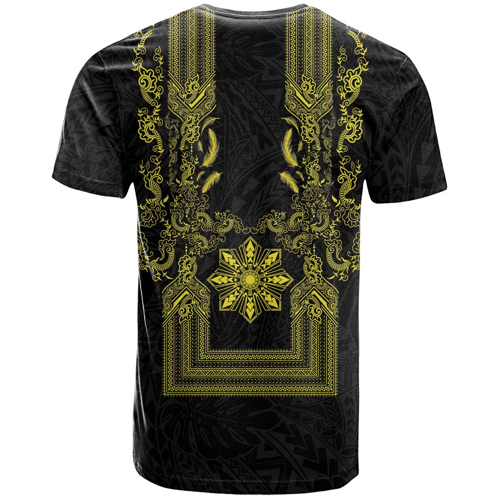 Philippines Barong Style T Shirt with Polynesian Art and Leaf Motif Black-Gold Color LT03 - Polynesian Pride