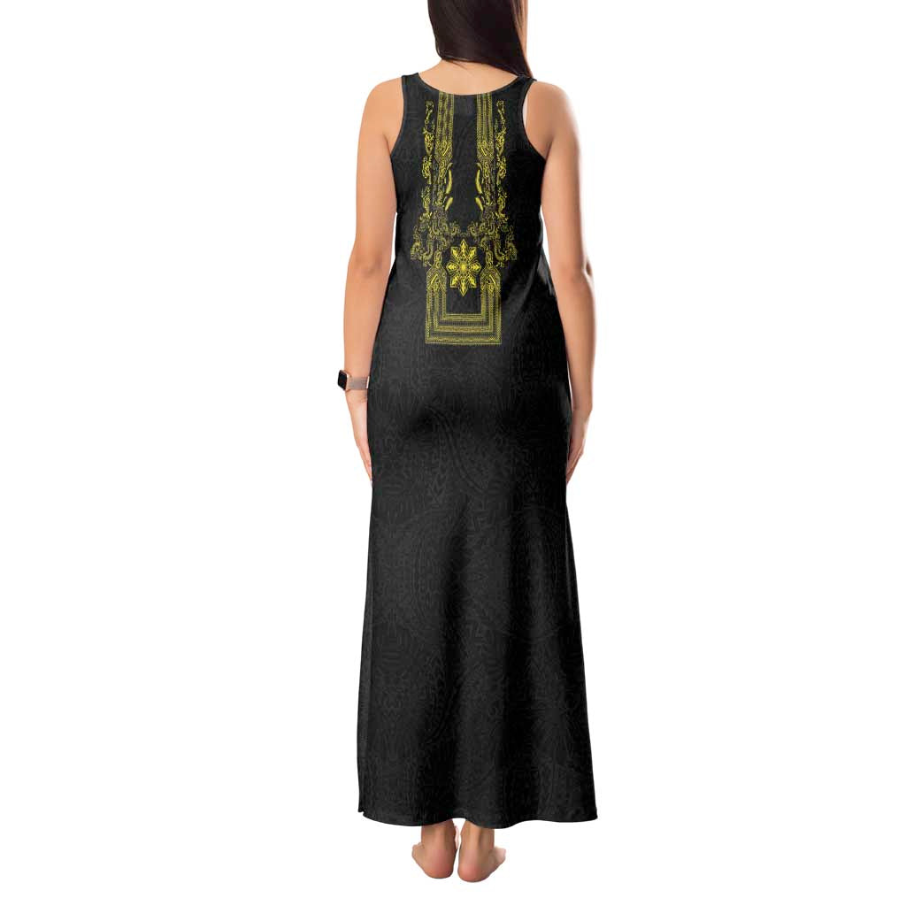 Philippines Barong Style Tank Maxi Dress with Polynesian Art and Leaf Motif Black-Gold Color LT03 - Polynesian Pride