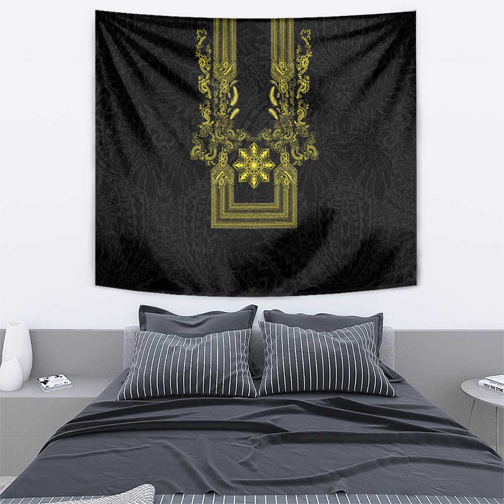 Philippines Barong Style Tapestry with Polynesian Art and Leaf Motif Black-Gold Color LT03 - Polynesian Pride