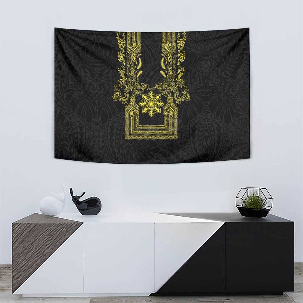 Philippines Barong Style Tapestry with Polynesian Art and Leaf Motif Black-Gold Color LT03 - Polynesian Pride