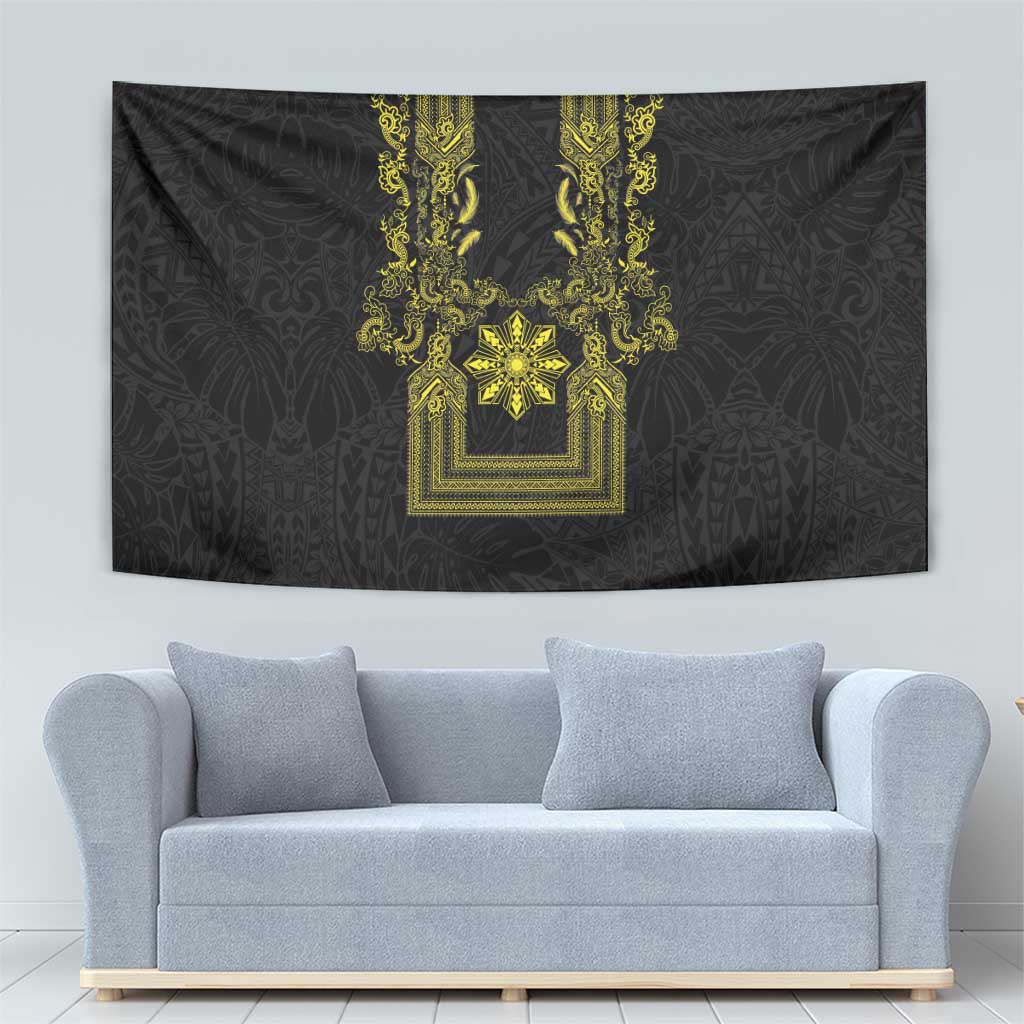 Philippines Barong Style Tapestry with Polynesian Art and Leaf Motif Black-Gold Color LT03 - Polynesian Pride