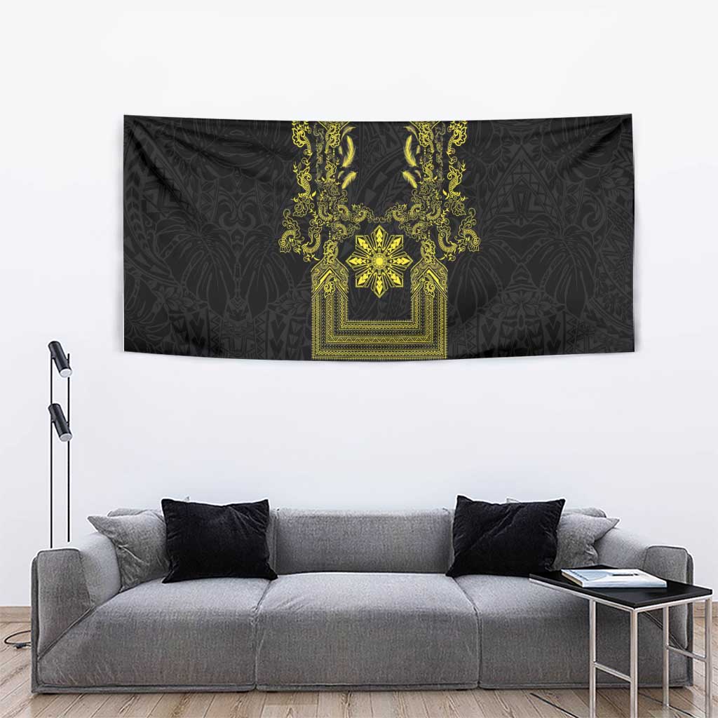 Philippines Barong Style Tapestry with Polynesian Art and Leaf Motif Black-Gold Color LT03 - Polynesian Pride