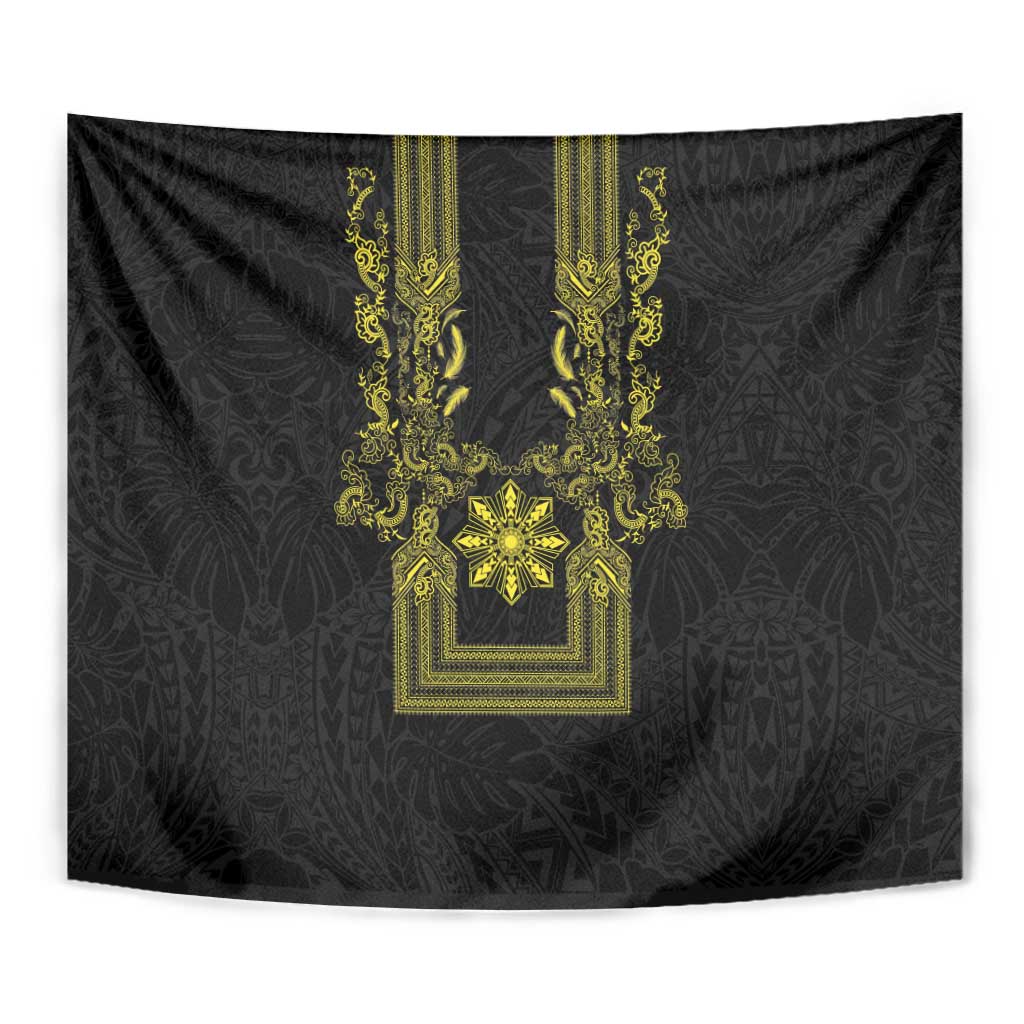 Philippines Barong Style Tapestry with Polynesian Art and Leaf Motif Black-Gold Color LT03 - Polynesian Pride