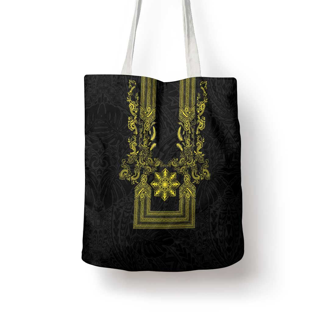 Philippines Barong Style Tote Bag with Polynesian Art and Leaf Motif Black-Gold Color LT03 - Polynesian Pride