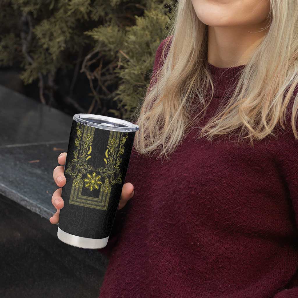 Philippines Barong Style Tumbler Cup with Polynesian Art and Leaf Motif Black-Gold Color LT03 - Polynesian Pride