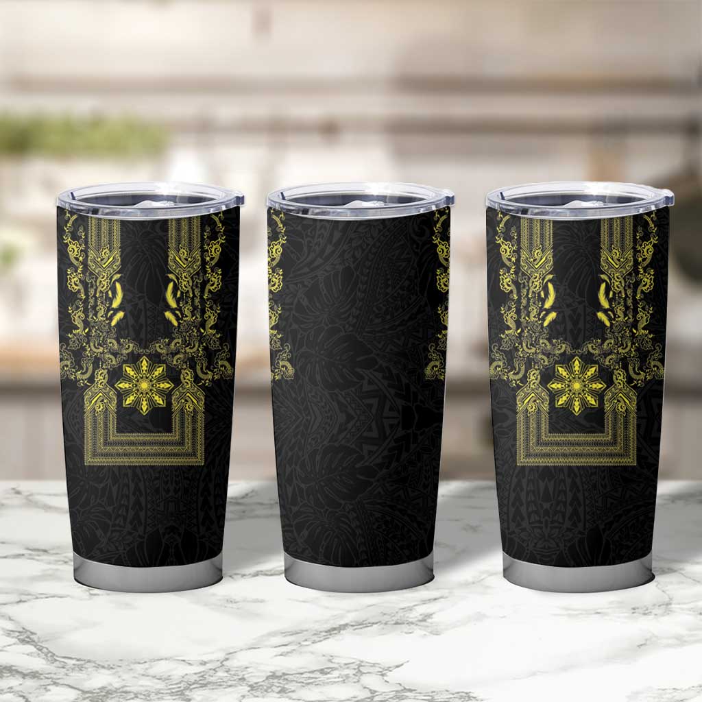 Philippines Barong Style Tumbler Cup with Polynesian Art and Leaf Motif Black-Gold Color LT03 - Polynesian Pride