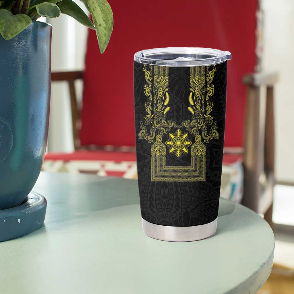 Philippines Barong Style Tumbler Cup with Polynesian Art and Leaf Motif Black-Gold Color LT03 - Polynesian Pride