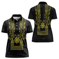 Philippines Barong Style Women Polo Shirt with Polynesian Art and Leaf Motif Black-Gold Color