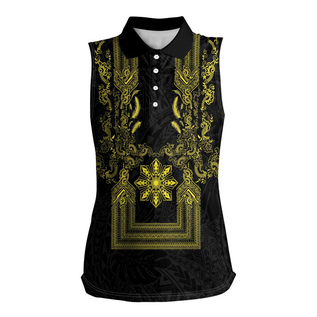 Philippines Barong Style Women Sleeveless Polo Shirt with Polynesian Art and Leaf Motif Black-Gold Color