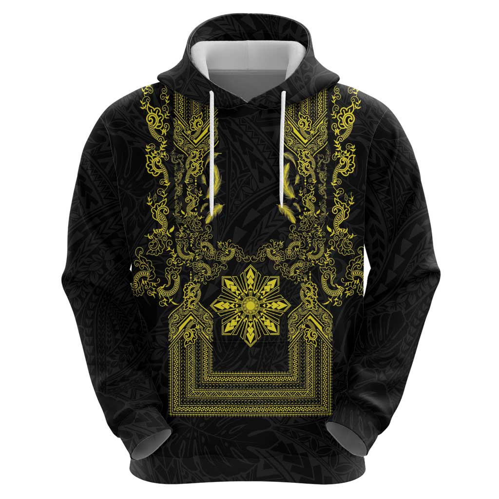 Philippines Barong Style Zip Hoodie with Polynesian Art and Leaf Motif Black-Gold Color LT03 - Polynesian Pride