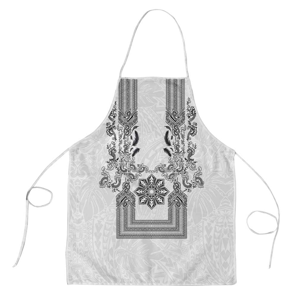 Philippines Barong Style Apron with Polynesian Art and Leaf Motif Black-White Color LT03 White - Polynesian Pride