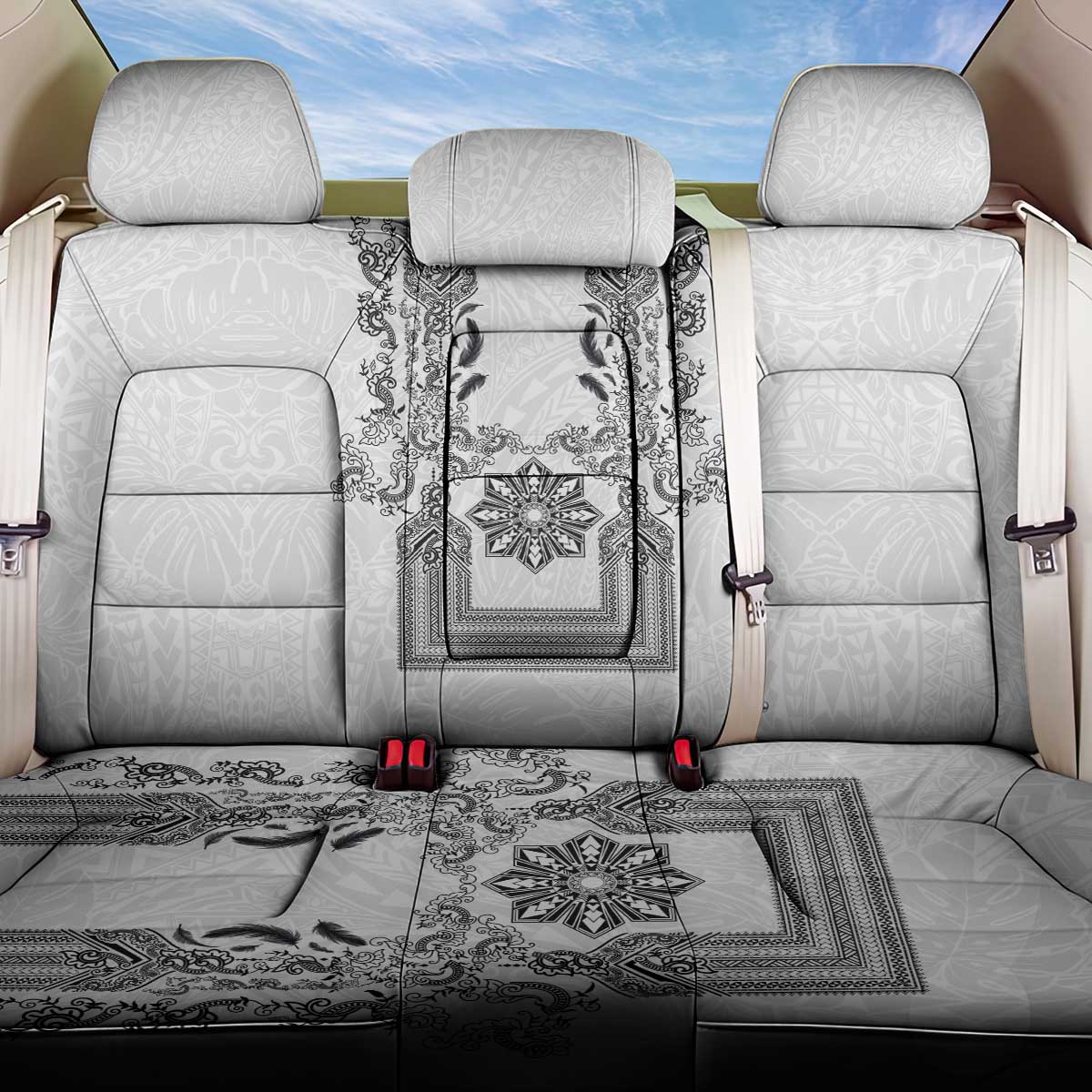 Philippines Barong Style Back Car Seat Cover with Polynesian Art and Leaf Motif Black-White Color LT03 One Size White - Polynesian Pride