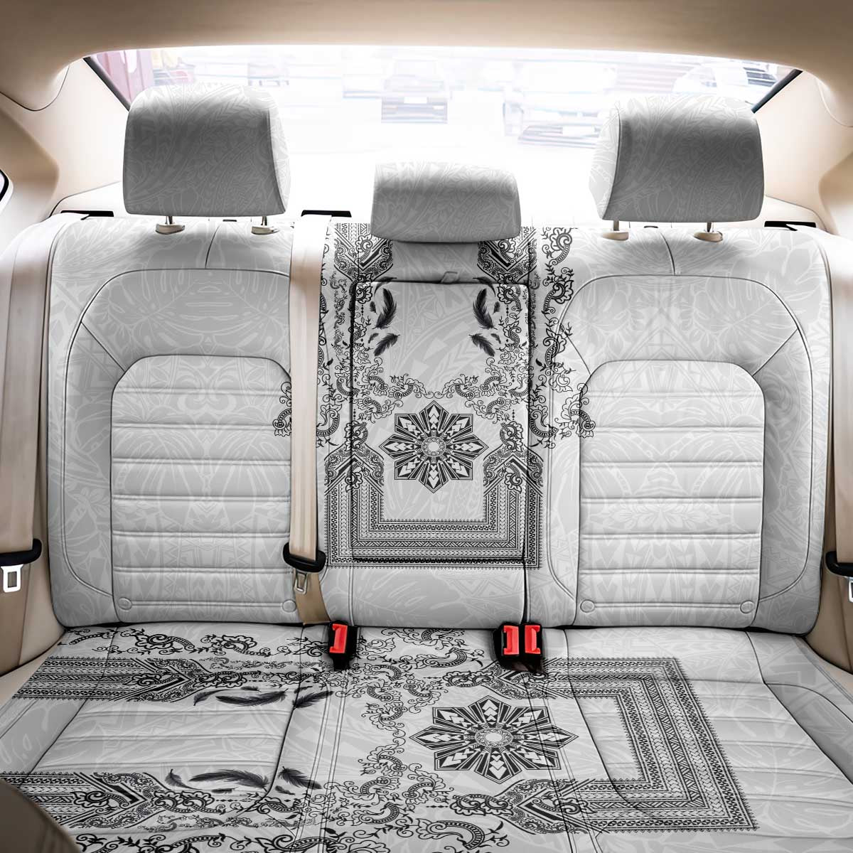 Philippines Barong Style Back Car Seat Cover with Polynesian Art and Leaf Motif Black-White Color LT03 - Polynesian Pride