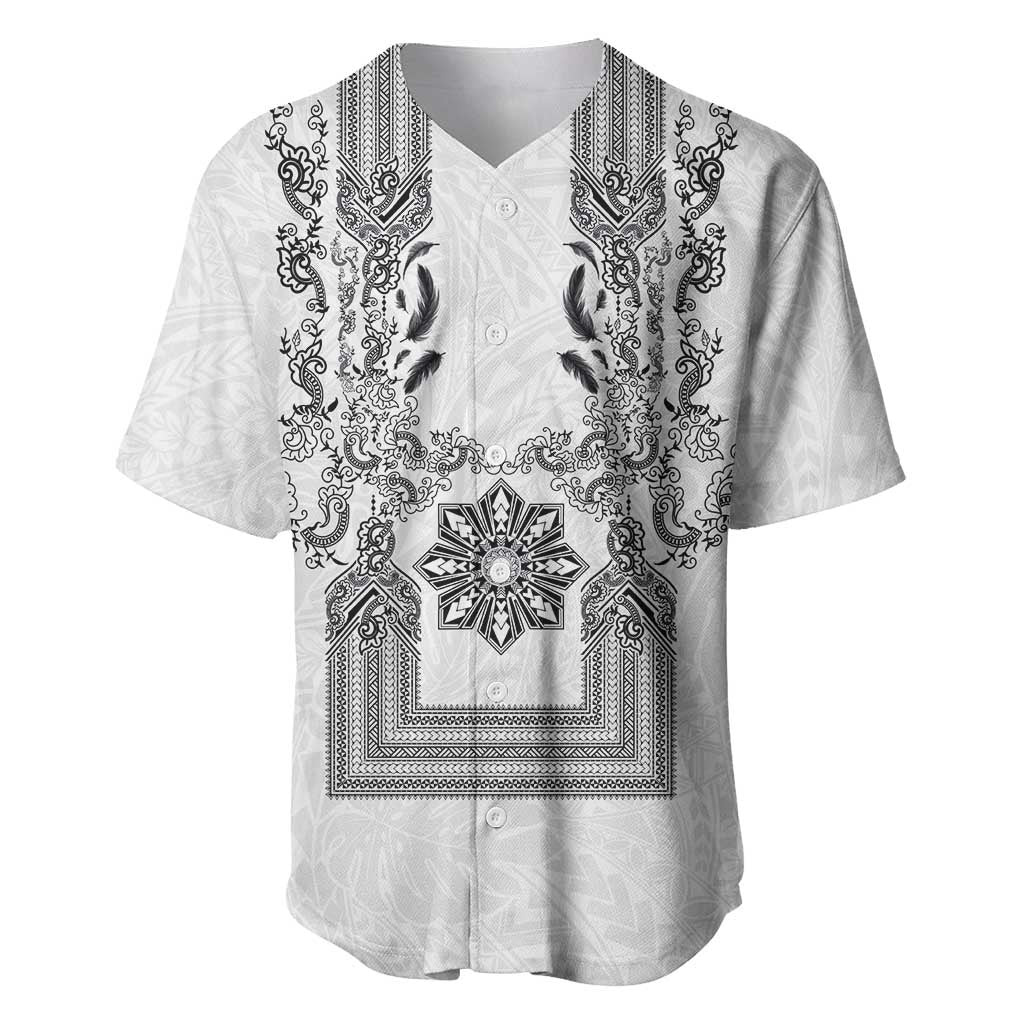 Philippines Barong Style Baseball Jersey with Polynesian Art and Leaf Motif Black-White Color