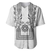 Philippines Barong Style Baseball Jersey with Polynesian Art and Leaf Motif Black-White Color