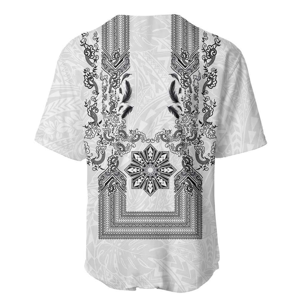 Philippines Barong Style Baseball Jersey with Polynesian Art and Leaf Motif Black-White Color
