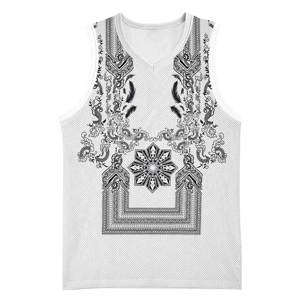 Philippines Barong Style Basketball Jersey with Polynesian Art and Leaf Motif Black-White Color LT03 Unisex White - Polynesian Pride