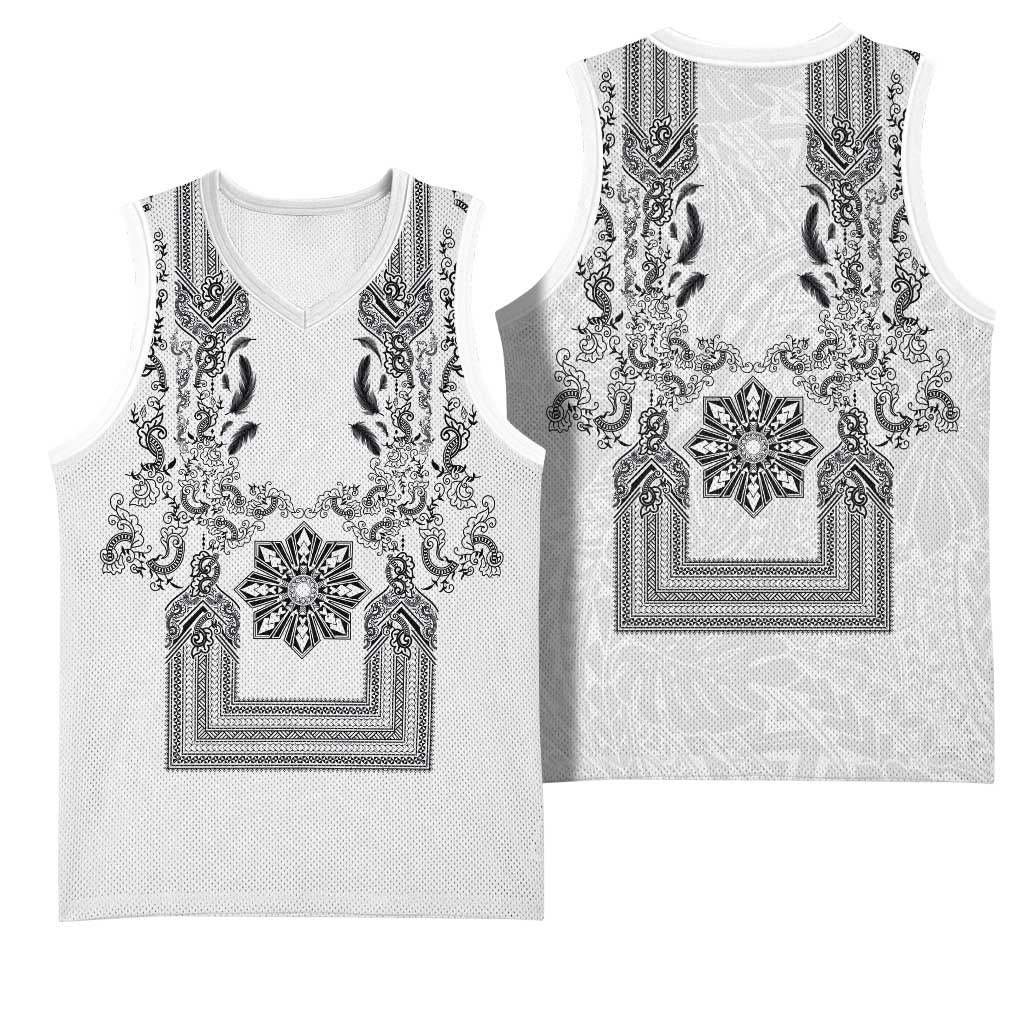 Philippines Barong Style Basketball Jersey with Polynesian Art and Leaf Motif Black-White Color LT03 - Polynesian Pride