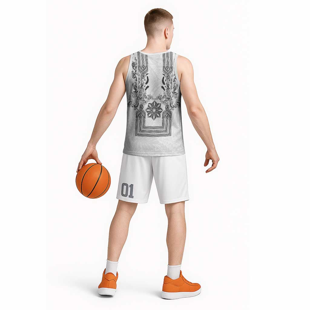 Philippines Barong Style Basketball Jersey with Polynesian Art and Leaf Motif Black-White Color LT03 - Polynesian Pride