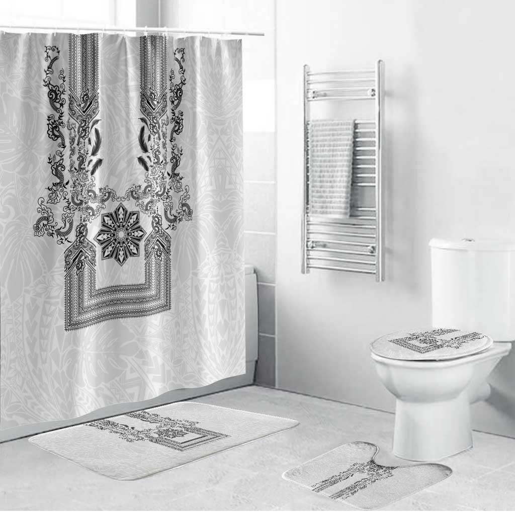 Philippines Barong Style Bathroom Set with Polynesian Art and Leaf Motif Black-White Color LT03 Bathroom Set (4 pcs) White - Polynesian Pride
