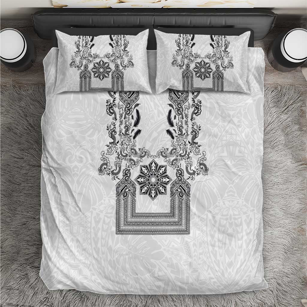 Philippines Barong Style Bedding Set with Polynesian Art and Leaf Motif Black-White Color LT03 White - Polynesian Pride