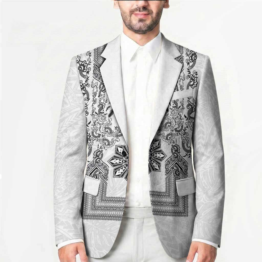 Philippines Barong Style Blazer with Polynesian Art and Leaf Motif Black-White Color LT03 - Polynesian Pride