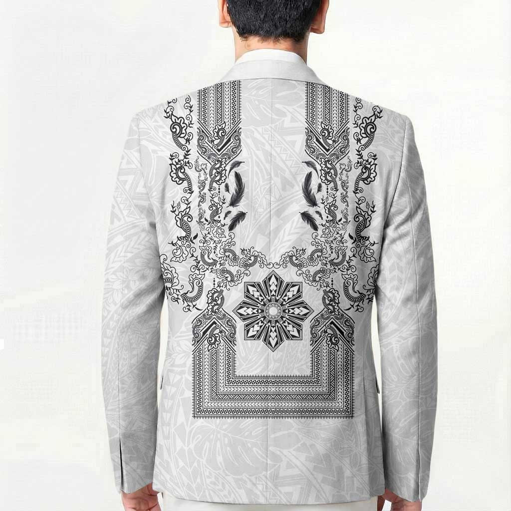 Philippines Barong Style Blazer with Polynesian Art and Leaf Motif Black-White Color LT03 - Polynesian Pride