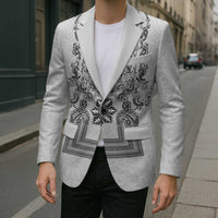 Philippines Barong Style Blazer with Polynesian Art and Leaf Motif Black-White Color LT03 - Polynesian Pride