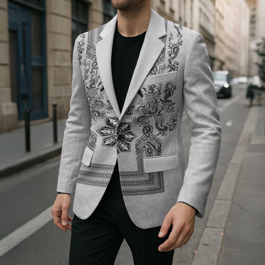 Philippines Barong Style Blazer with Polynesian Art and Leaf Motif Black-White Color LT03 - Polynesian Pride