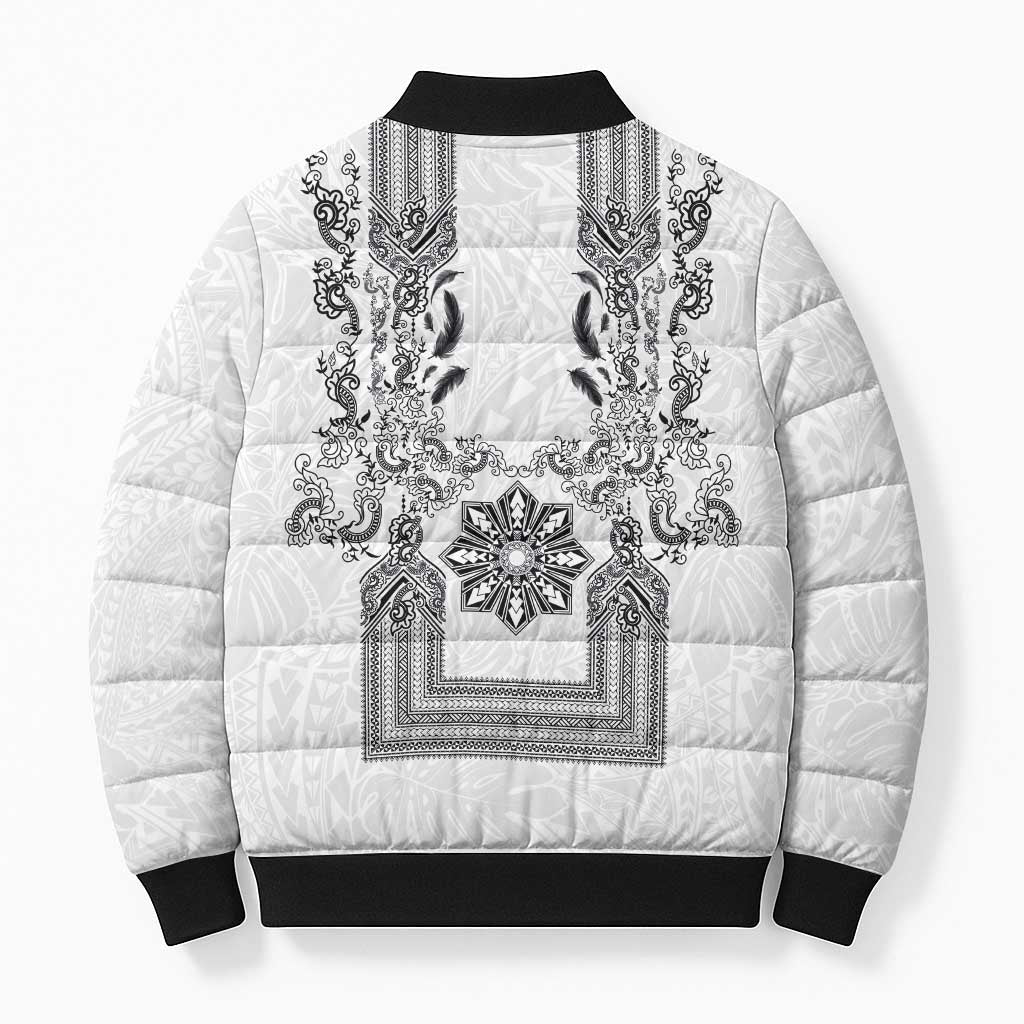 Philippines Barong Style Bomber Puffer Jacket with Polynesian Art and Leaf Motif Black-White Color LT03 - Polynesian Pride