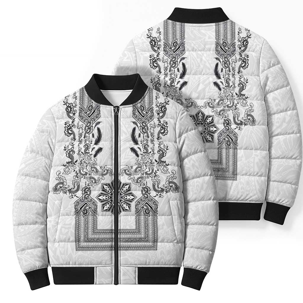 Philippines Barong Style Bomber Puffer Jacket with Polynesian Art and Leaf Motif Black-White Color LT03 - Polynesian Pride