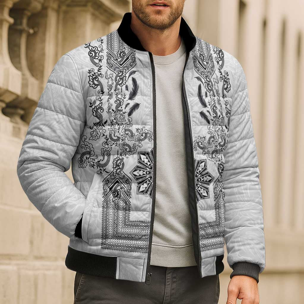 Philippines Barong Style Bomber Puffer Jacket with Polynesian Art and Leaf Motif Black-White Color LT03 - Polynesian Pride