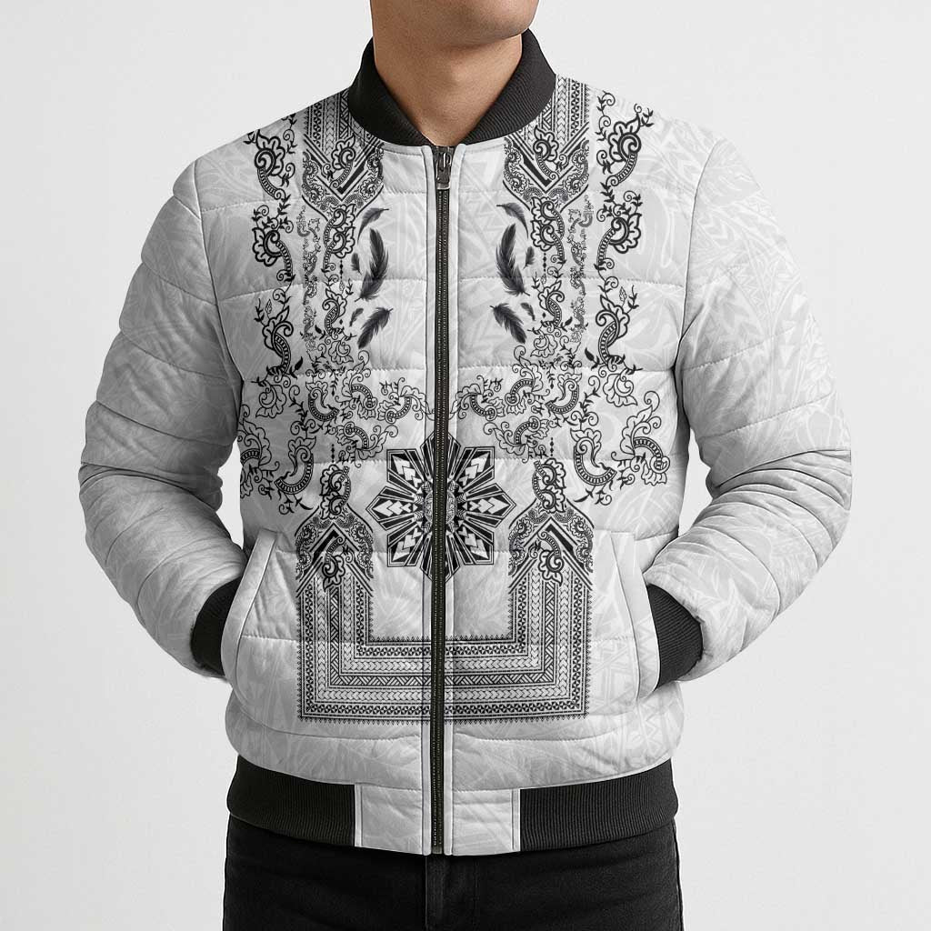 Philippines Barong Style Bomber Puffer Jacket with Polynesian Art and Leaf Motif Black-White Color LT03 - Polynesian Pride