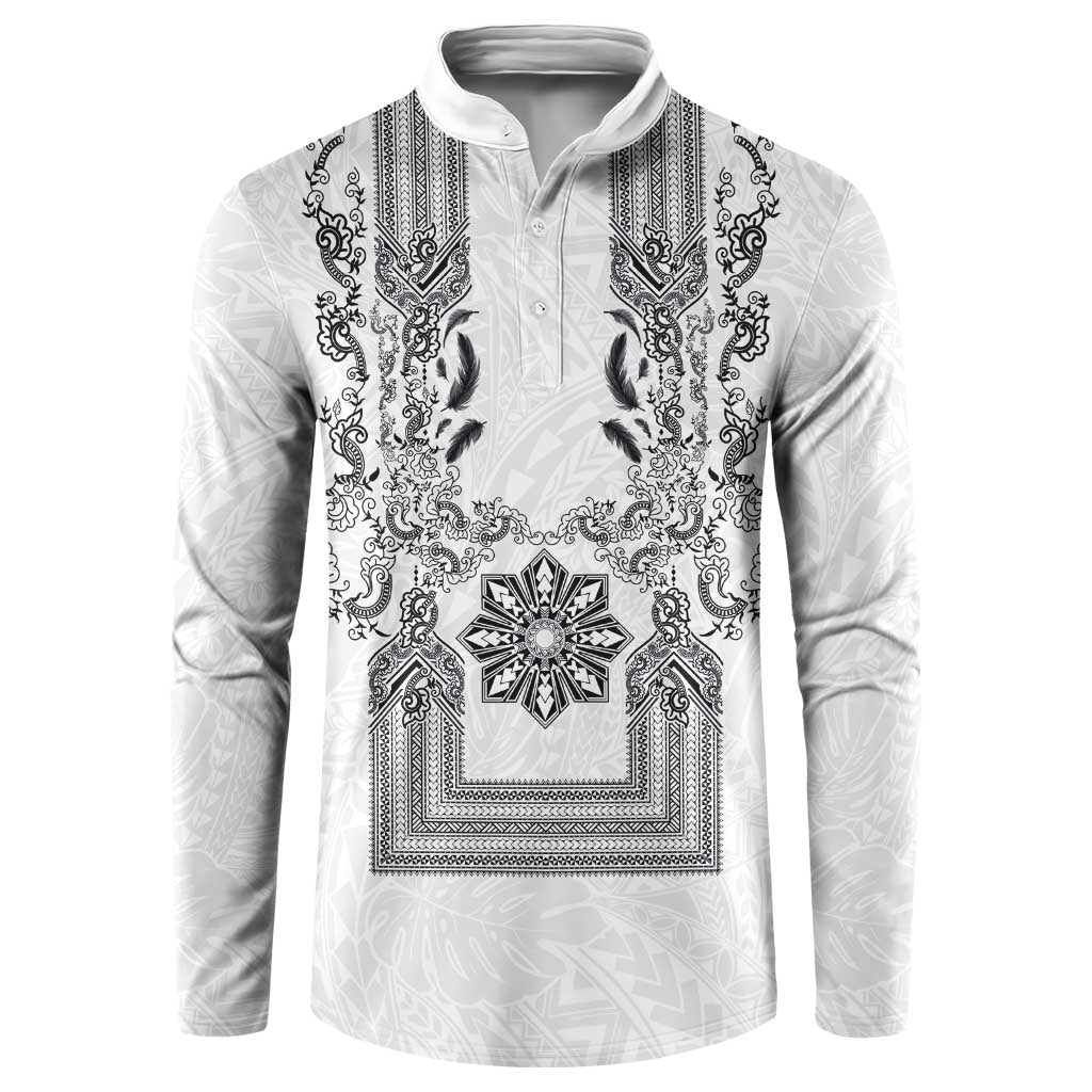 Philippines Barong Style Button Sweatshirt with Polynesian Art and Leaf Motif Black-White Color LT03 White - Polynesian Pride