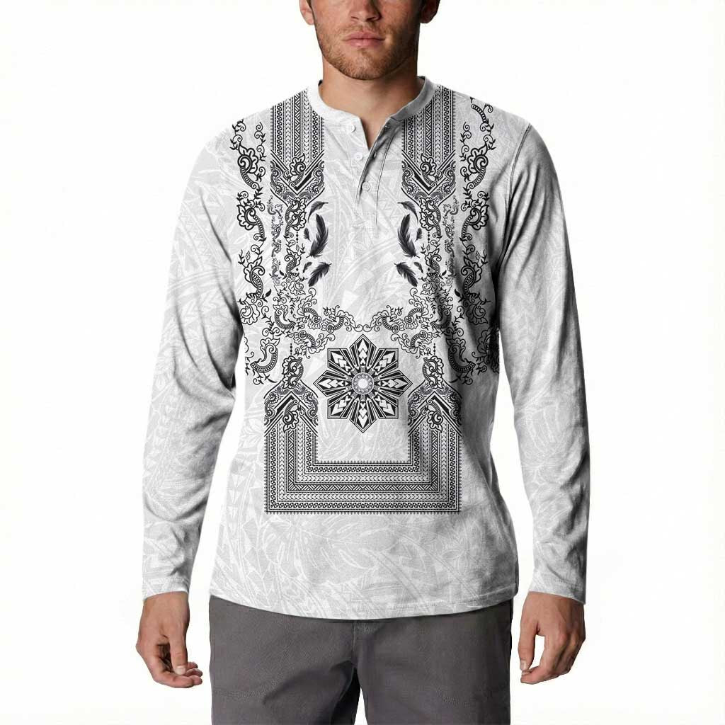 Philippines Barong Style Button Sweatshirt with Polynesian Art and Leaf Motif Black-White Color LT03 - Polynesian Pride