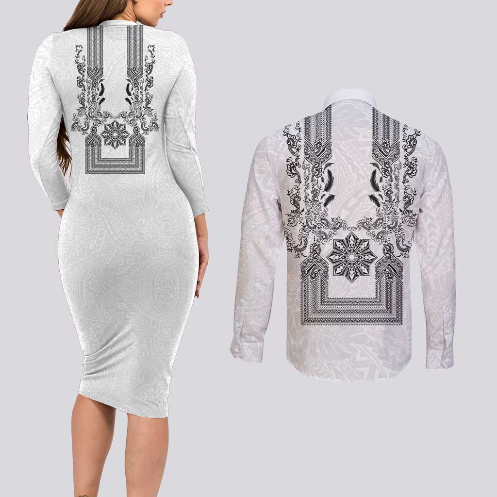 Philippines Barong Style Couples Matching Long Sleeve Bodycon Dress and Long Sleeve Button Shirt with Polynesian Art and Leaf Motif Black-White Color