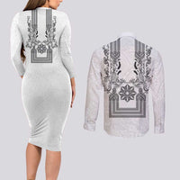 Philippines Barong Style Couples Matching Long Sleeve Bodycon Dress and Long Sleeve Button Shirt with Polynesian Art and Leaf Motif Black-White Color