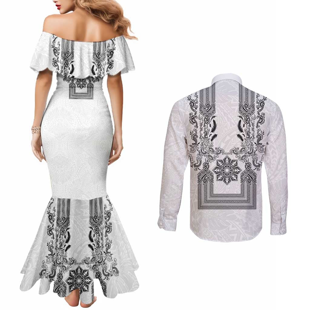 Philippines Barong Style Couples Matching Mermaid Dress and Long Sleeve Button Shirt with Polynesian Art and Leaf Motif Black-White Color