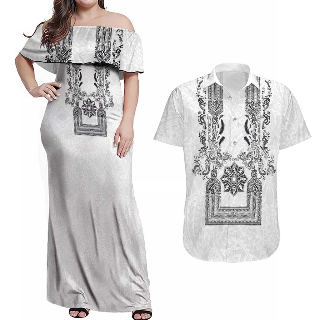 Philippines Barong Style Couples Matching Off Shoulder Maxi Dress and Hawaiian Shirt with Polynesian Art and Leaf Motif Black-White Color LT03 White - Polynesian Pride