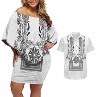 Philippines Barong Style Couples Matching Off Shoulder Short Dress and Hawaiian Shirt with Polynesian Art and Leaf Motif Black-White Color
