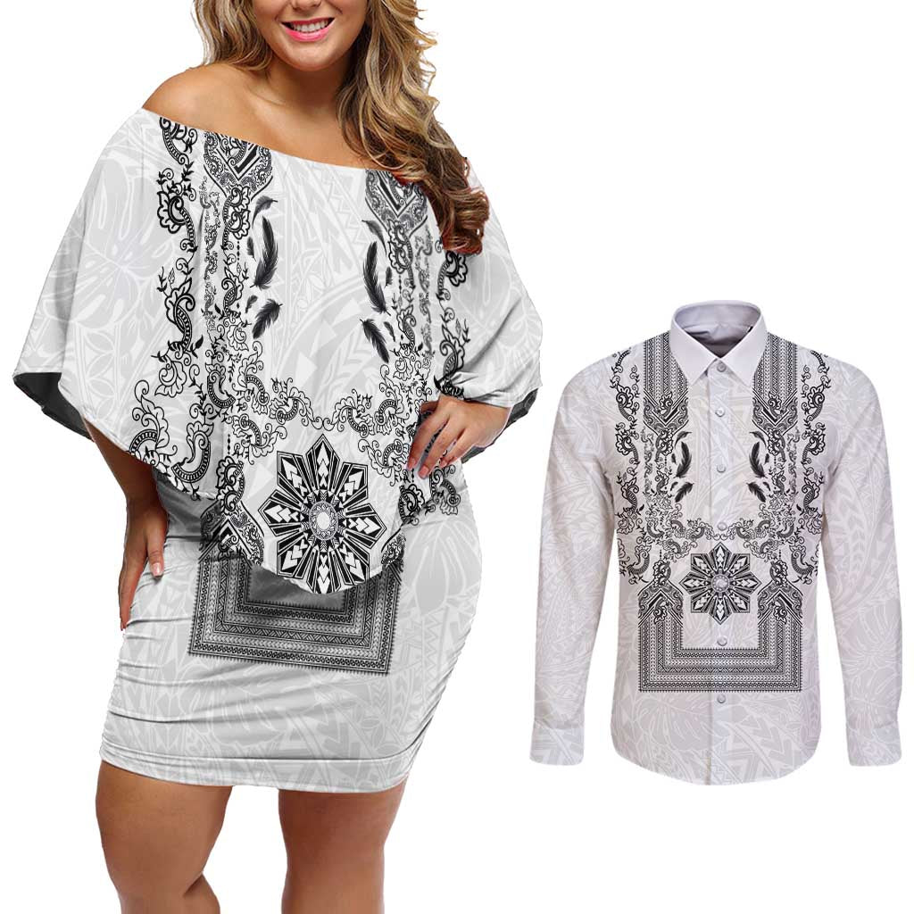 Philippines Barong Style Couples Matching Off Shoulder Short Dress and Long Sleeve Button Shirt with Polynesian Art and Leaf Motif Black-White Color LT03 White - Polynesian Pride