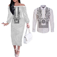 Philippines Barong Style Couples Matching Off The Shoulder Long Sleeve Dress and Long Sleeve Button Shirt with Polynesian Art and Leaf Motif Black-White Color