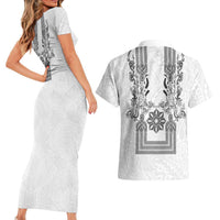 Philippines Barong Style Couples Matching Short Sleeve Bodycon Dress and Hawaiian Shirt with Polynesian Art and Leaf Motif Black-White Color