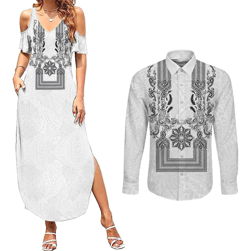 Philippines Barong Style Couples Matching Summer Maxi Dress and Long Sleeve Button Shirt with Polynesian Art and Leaf Motif Black-White Color LT03 White - Polynesian Pride
