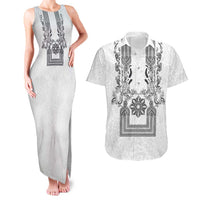 Philippines Barong Style Couples Matching Tank Maxi Dress and Hawaiian Shirt with Polynesian Art and Leaf Motif Black-White Color