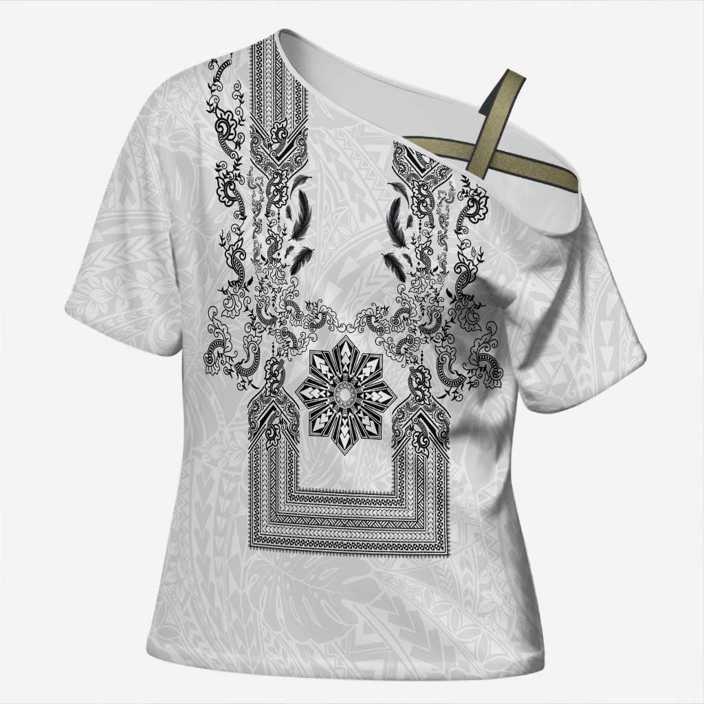 Philippines Barong Style Cross Shoulder Shirt with Polynesian Art and Leaf Motif Black-White Color LT03 Female White - Polynesian Pride