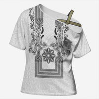 Philippines Barong Style Cross Shoulder Shirt with Polynesian Art and Leaf Motif Black-White Color LT03 Female White - Polynesian Pride