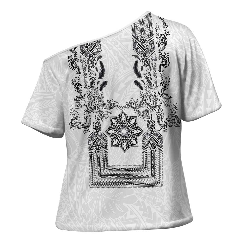 Philippines Barong Style Cross Shoulder Shirt with Polynesian Art and Leaf Motif Black-White Color LT03 - Polynesian Pride