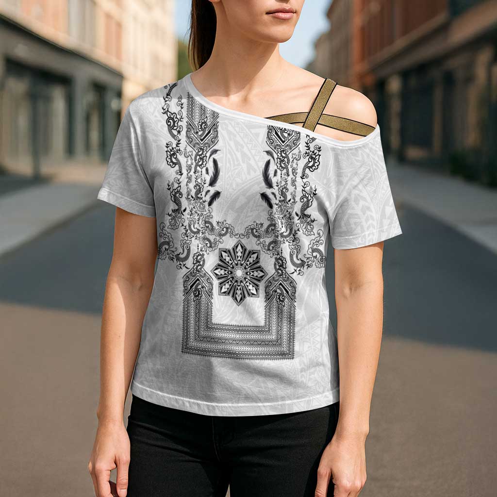 Philippines Barong Style Cross Shoulder Shirt with Polynesian Art and Leaf Motif Black-White Color LT03 - Polynesian Pride